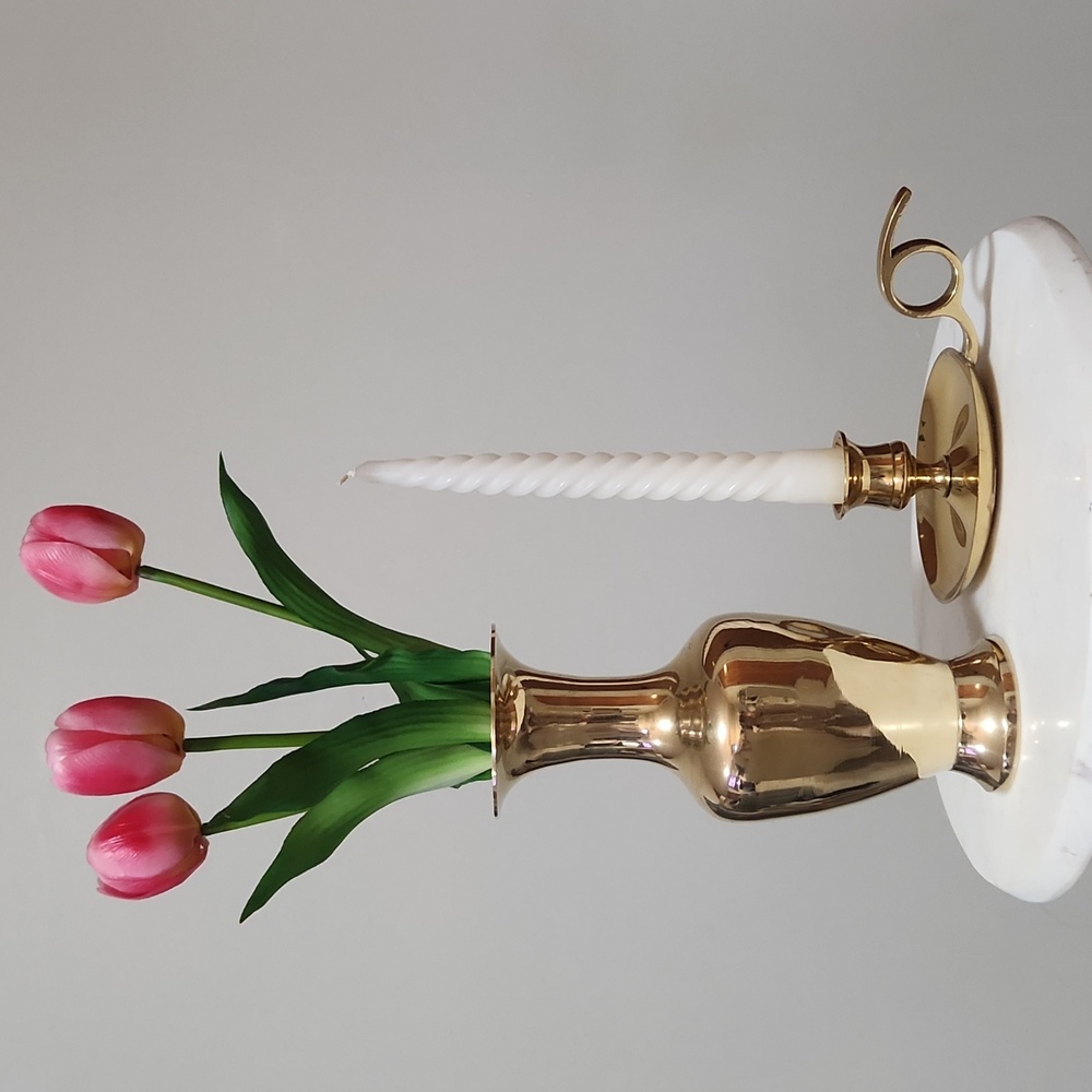Vintage Elegant Golden Brass Vase and Candlestick Holder With Handle Set